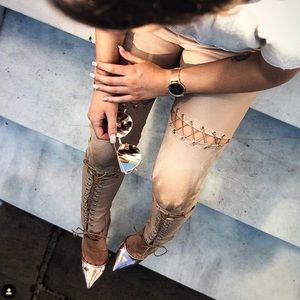 Beige leather & suede lace up leggings